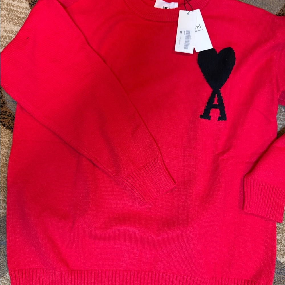 Ami Red Crewneck Sweater with Heart and A Detail
